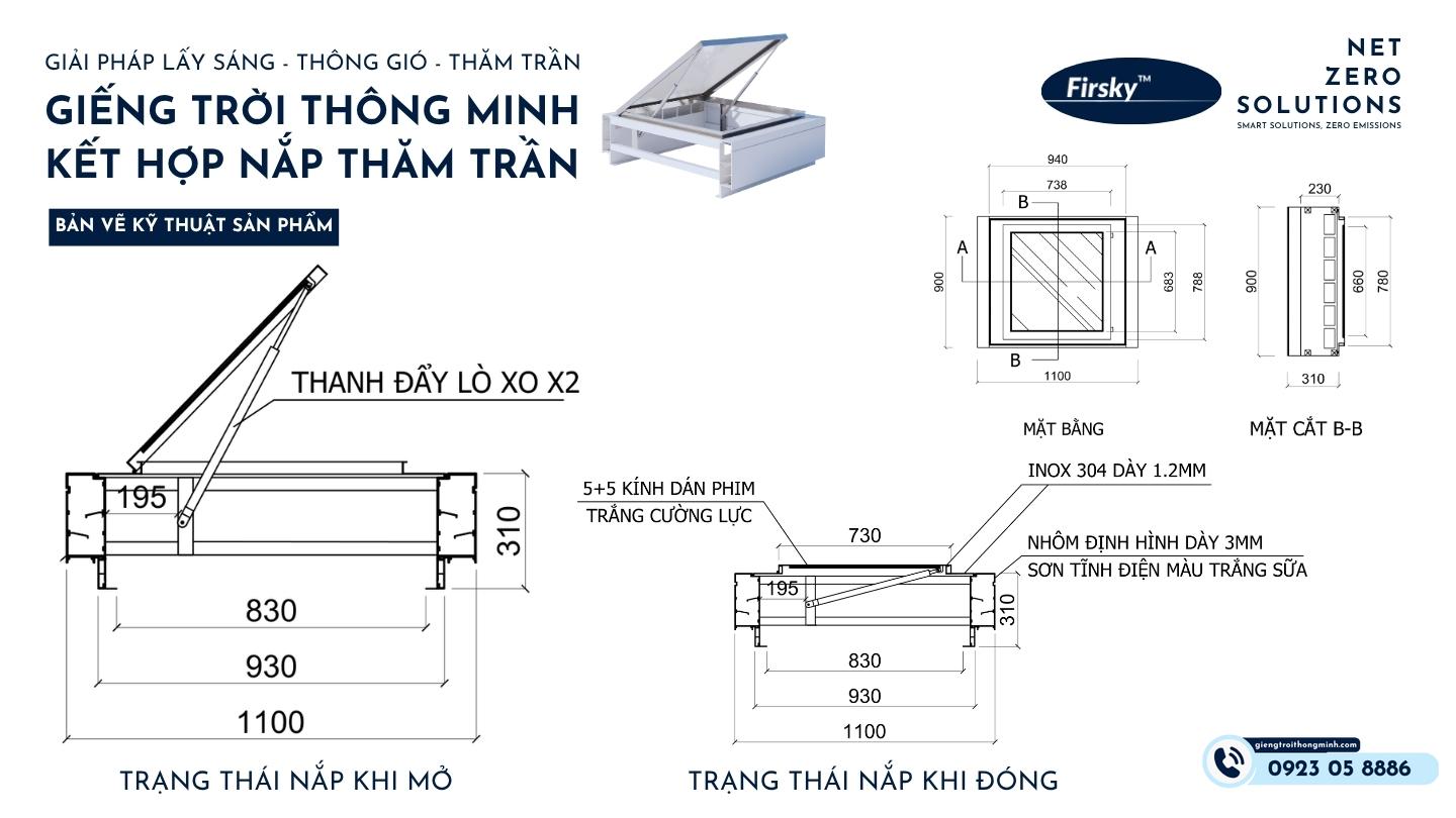 Bản vẽ giếng trời thông minh kết hợp nắp thăm trần chi tiết