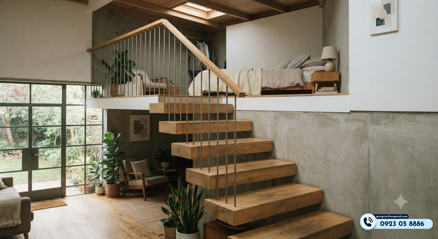 cầu thang gác lửng bằng gỗ